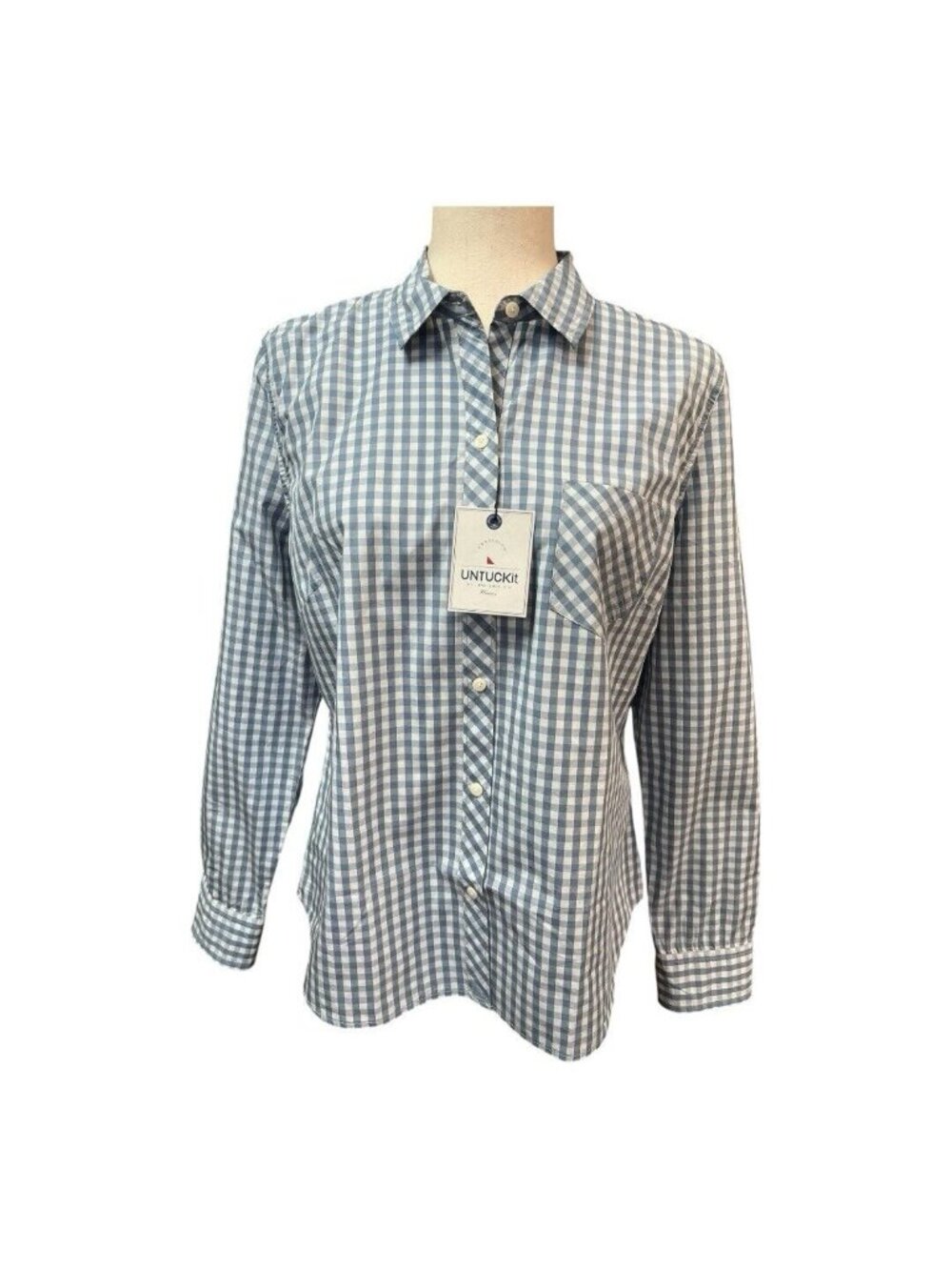 UNTUCKIT Women Crispo Gingham Checkered Button Down Top~Size 6~Blue White L13 28